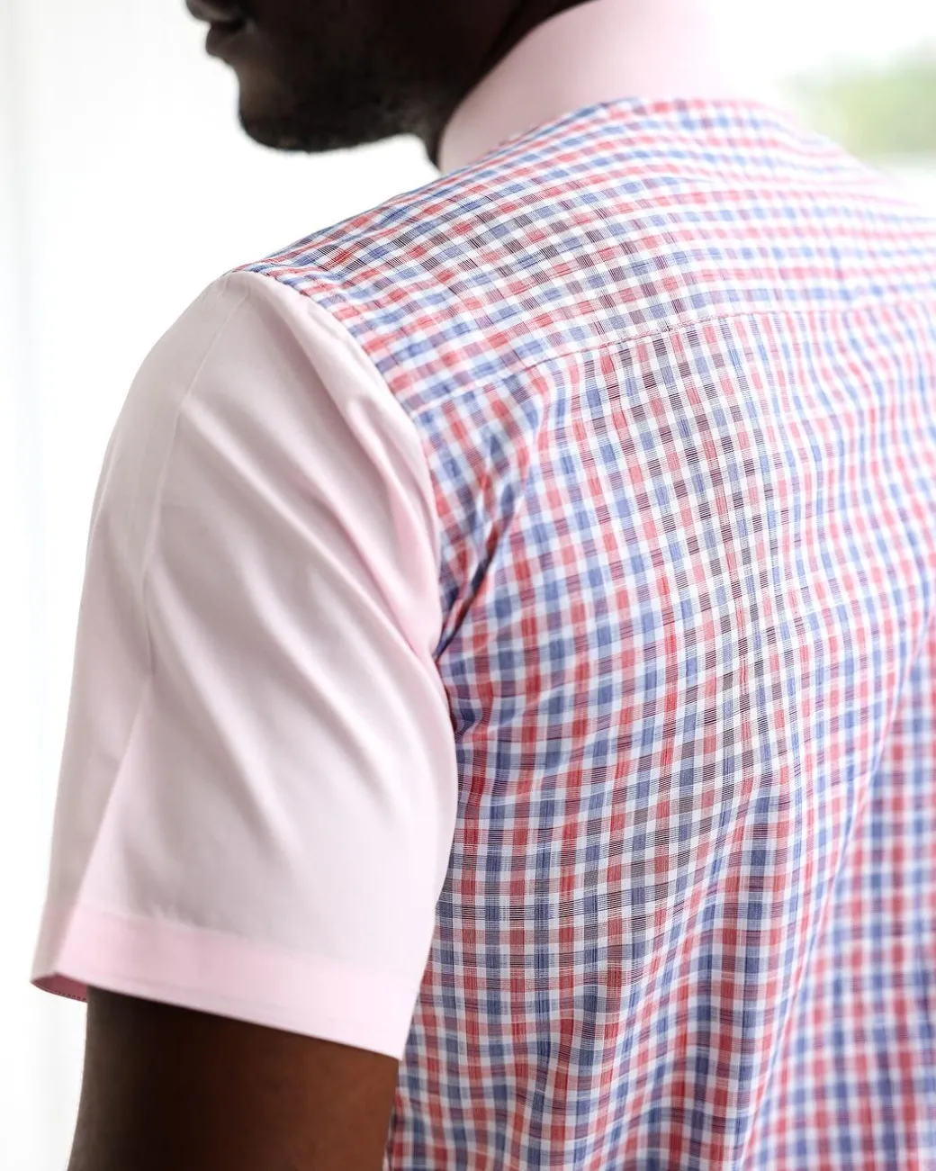 A Plaid check, pink and white seersucker mix casual shirt.