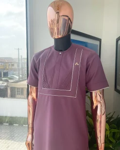 A plum purple double rectangle with ruffles and Swarovski buttons detailing African traditional senator Kaftan native.