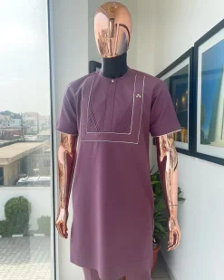 A plum purple double rectangle with ruffles and Swarovski buttons detailing African traditional senator Kaftan native.