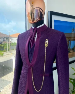 A “Pope” tapeless eggplant purple single button bishop neck suit