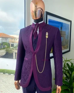 A “Pope” tapeless eggplant purple single button bishop neck suit