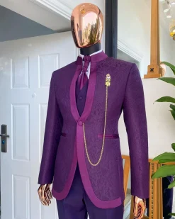 A “Pope” tapeless eggplant purple single button bishop neck suit