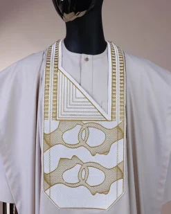 A porcelain, connected medulla and wooven pattern embroidery detailing agbada