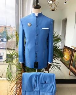 A Powdered Blue “clergyman” French safari Suit