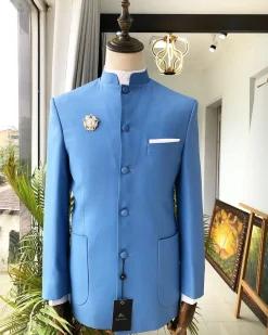 A Powdered Blue “clergyman” French safari Suit