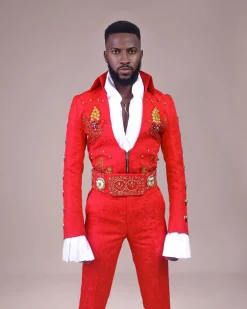 A “Presley (16 – 08 – 1977) ” red Jacquard with metallic wire and Swarovski buttons embroidery costume top