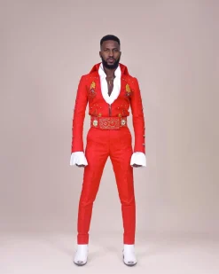 A “Presley (16 – 08 – 1977) ” red Jacquard with metallic wire and Swarovski buttons embroidery costume top