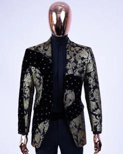 A “Prodigal” dispersed Black and splashed champagne gold suit, Layered black velvet with ss20 mixed Swarovski