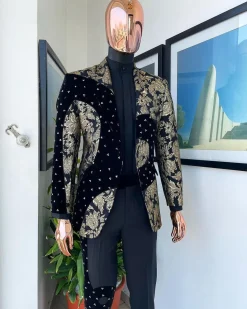 A “Prodigal” dispersed Black and splashed champagne gold suit, Layered black velvet with ss20 mixed Swarovski
