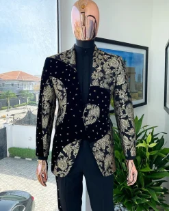 A “Prodigal” dispersed Black and splashed champagne gold suit, Layered black velvet with ss20 mixed Swarovski