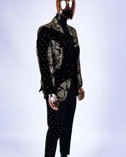 A “Prodigal” dispersed Black and splashed champagne gold suit, Layered black velvet with ss20 mixed Swarovski