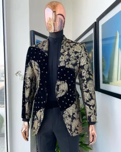A “Prodigal” dispersed Black and splashed champagne gold suit, Layered black velvet with ss20 mixed Swarovski