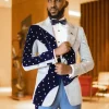 A “Prodigal” dispersed blue and splashed champagne gold metallic jacquard suit