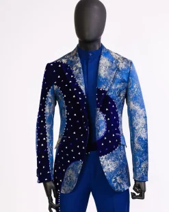 A “Prodigal” dispersed Sky blue and splashed champagne gold metallic jacquard suit