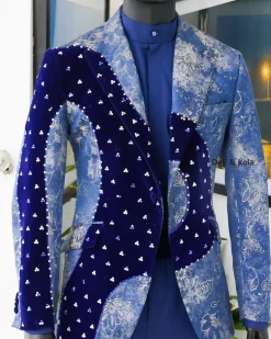 A “Prodigal” dispersed Sky blue and splashed champagne gold metallic jacquard suit