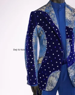 A “Prodigal” dispersed Sky blue and splashed champagne gold metallic jacquard suit