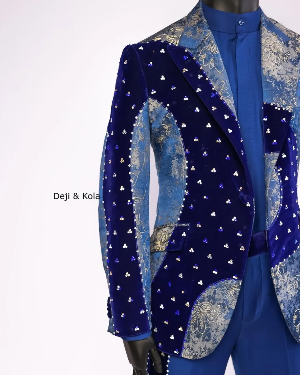 A “Prodigal” dispersed Sky blue and splashed champagne gold metallic jacquard suit