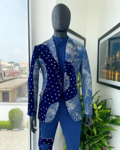 A “Prodigal” dispersed Sky blue and splashed champagne gold metallic jacquard suit