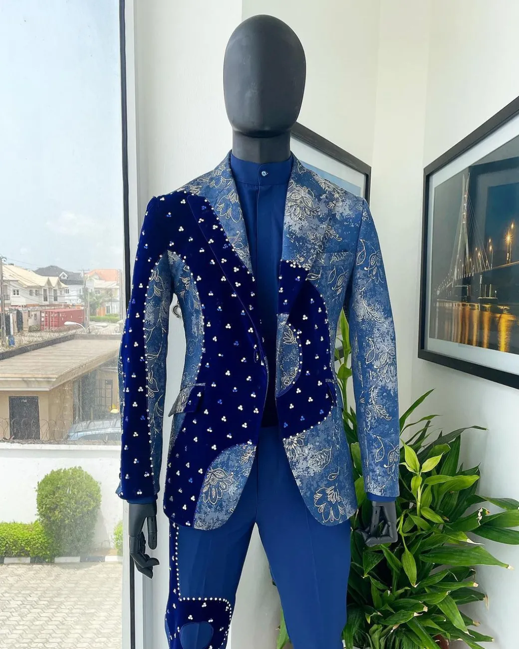 A “Prodigal” dispersed Sky blue and splashed champagne gold metallic jacquard suit