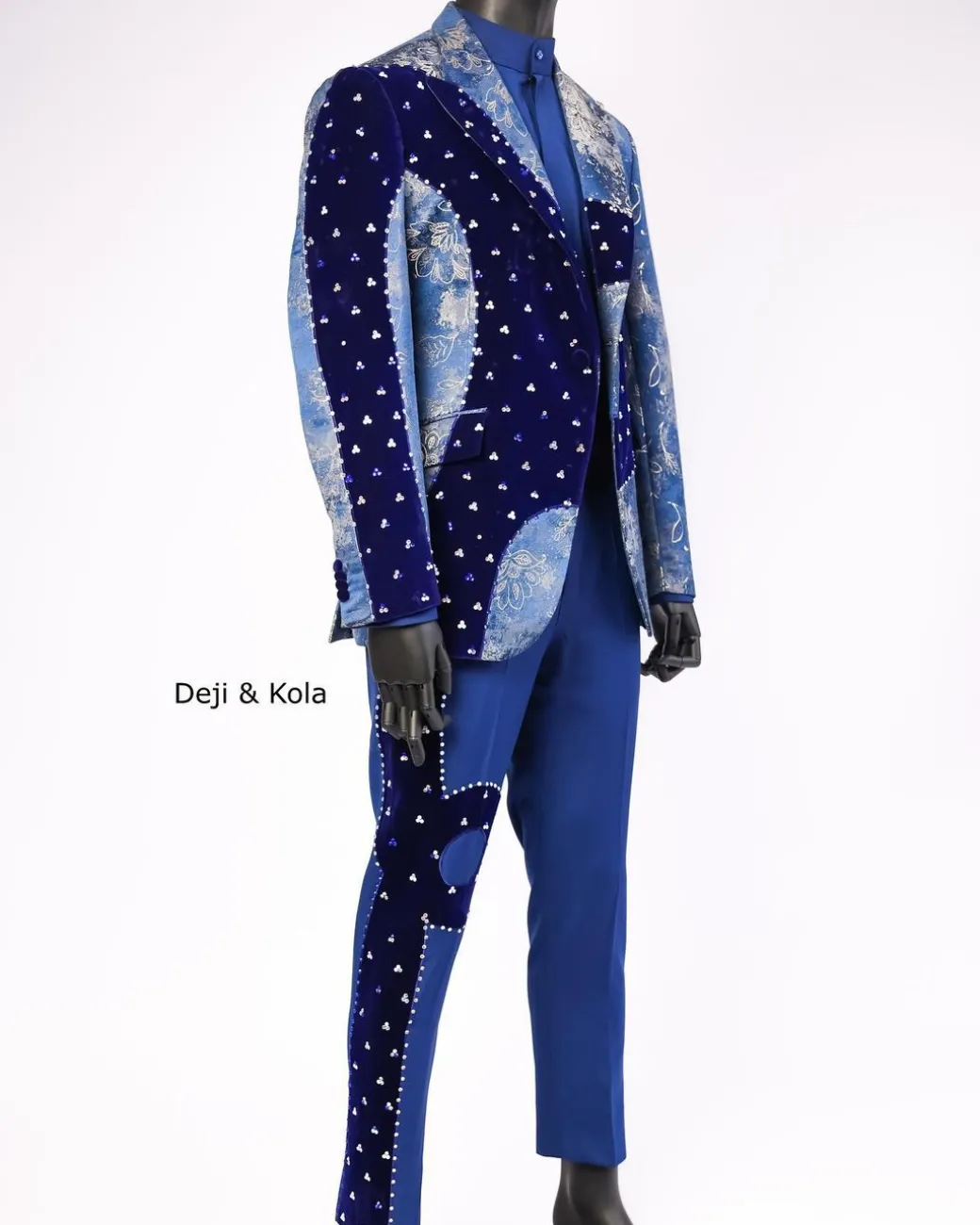 A “Prodigal” dispersed Sky blue and splashed champagne gold metallic jacquard suit