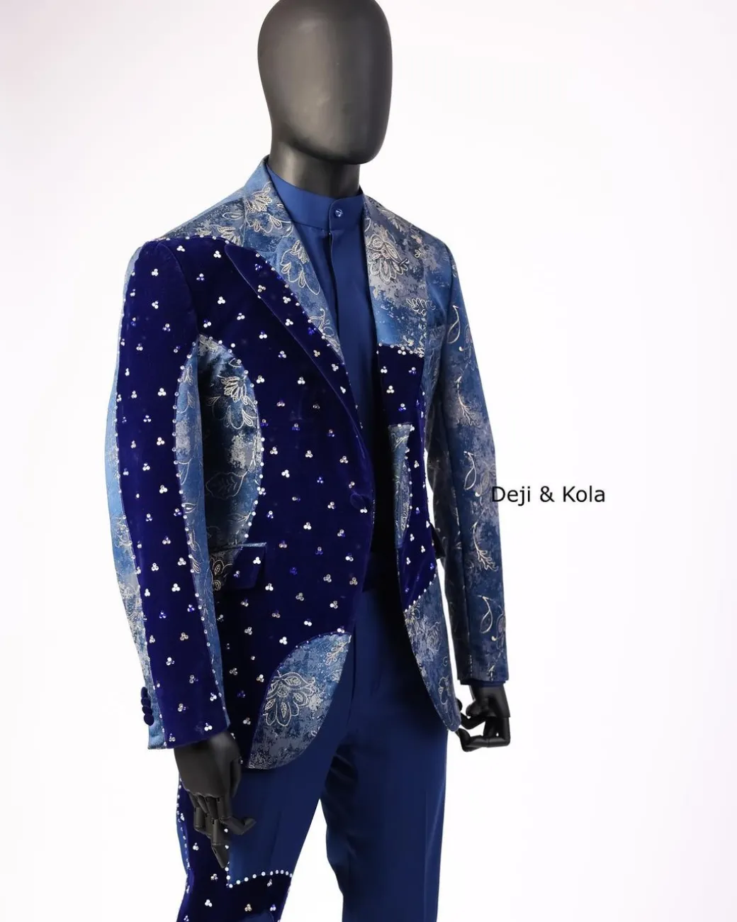 A “Prodigal” dispersed Sky blue and splashed champagne gold metallic jacquard suit