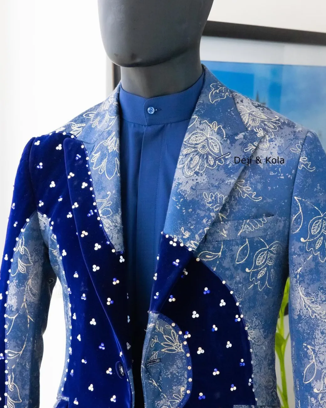A “Prodigal” dispersed Sky blue and splashed champagne gold metallic jacquard suit
