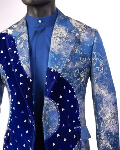 A “Prodigal” dispersed Sky blue and splashed champagne gold metallic jacquard suit