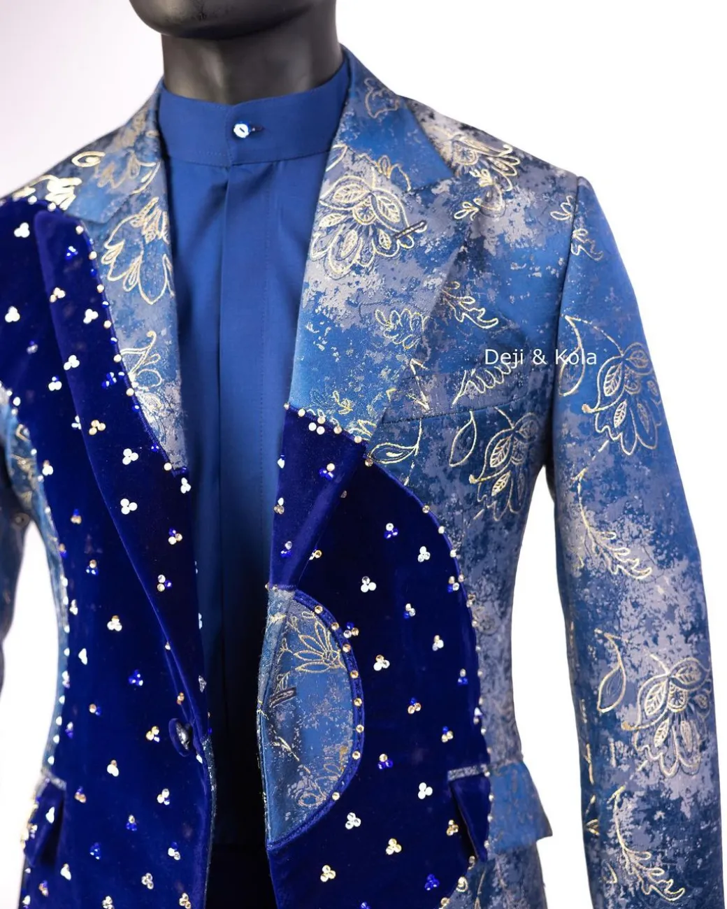 A “Prodigal” dispersed Sky blue and splashed champagne gold metallic jacquard suit