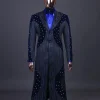 A “Prodigal” lashed midnight blue, admiral blue and splashed black metallic jacquard trench suit