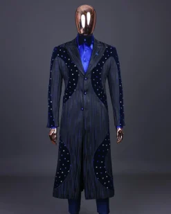 A “Prodigal” lashed midnight blue, admiral blue and splashed black metallic jacquard trench suit