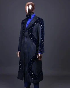 A “Prodigal” lashed midnight blue, admiral blue and splashed black metallic jacquard trench suit