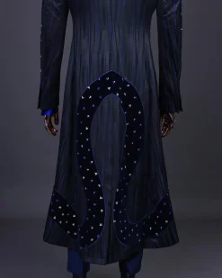 A “Prodigal” lashed midnight blue, admiral blue and splashed black metallic jacquard trench suit
