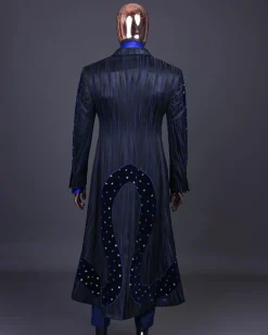 A “Prodigal” lashed midnight blue, admiral blue and splashed black metallic jacquard trench suit