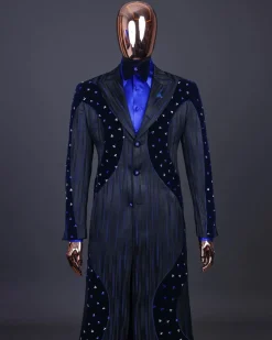 A “Prodigal” lashed midnight blue, admiral blue and splashed black metallic jacquard trench suit