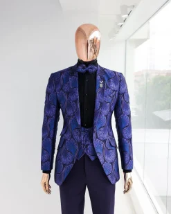 A Purple, black & slash of blue petal pattern, notch lapel suit
