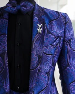 A Purple, black & slash of blue petal pattern, notch lapel suit