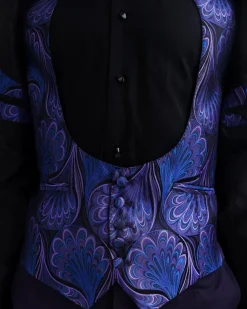 A Purple, black & slash of blue petal pattern, notch lapel suit