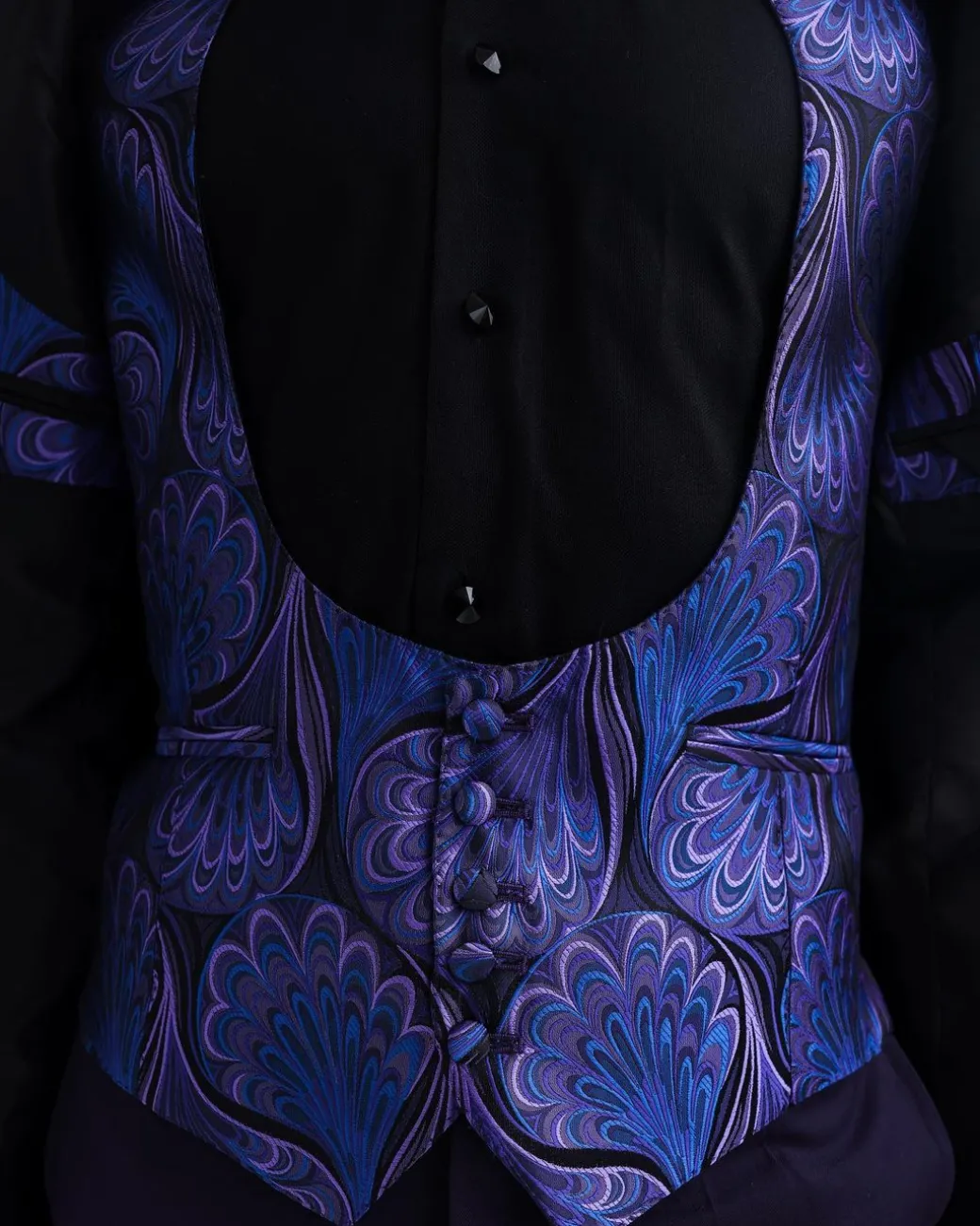A Purple, black & slash of blue petal pattern, notch lapel suit