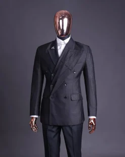 A “quad” charcoal black, 8 button, knitted,Peak lapel “4” breasted suit