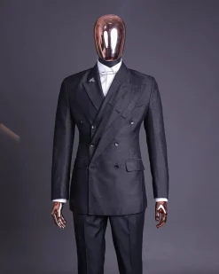 A “quad” charcoal black, 8 button, knitted,Peak lapel “4” breasted suit