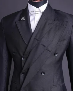 A “quad” charcoal black, 8 button, knitted,Peak lapel “4” breasted suit