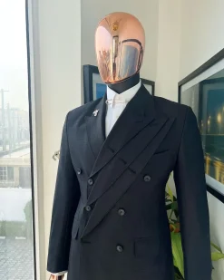 A “quad” charcoal black, 8 button, knitted,Peak lapel “4” breasted suit