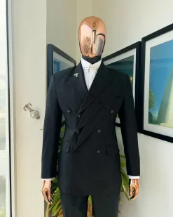 A “quad” charcoal black, 8 button, knitted,Peak lapel “4” breasted suit