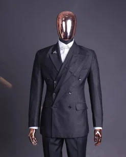 A “quad” charcoal black, 8 button, knitted,Peak lapel “4” breasted suit