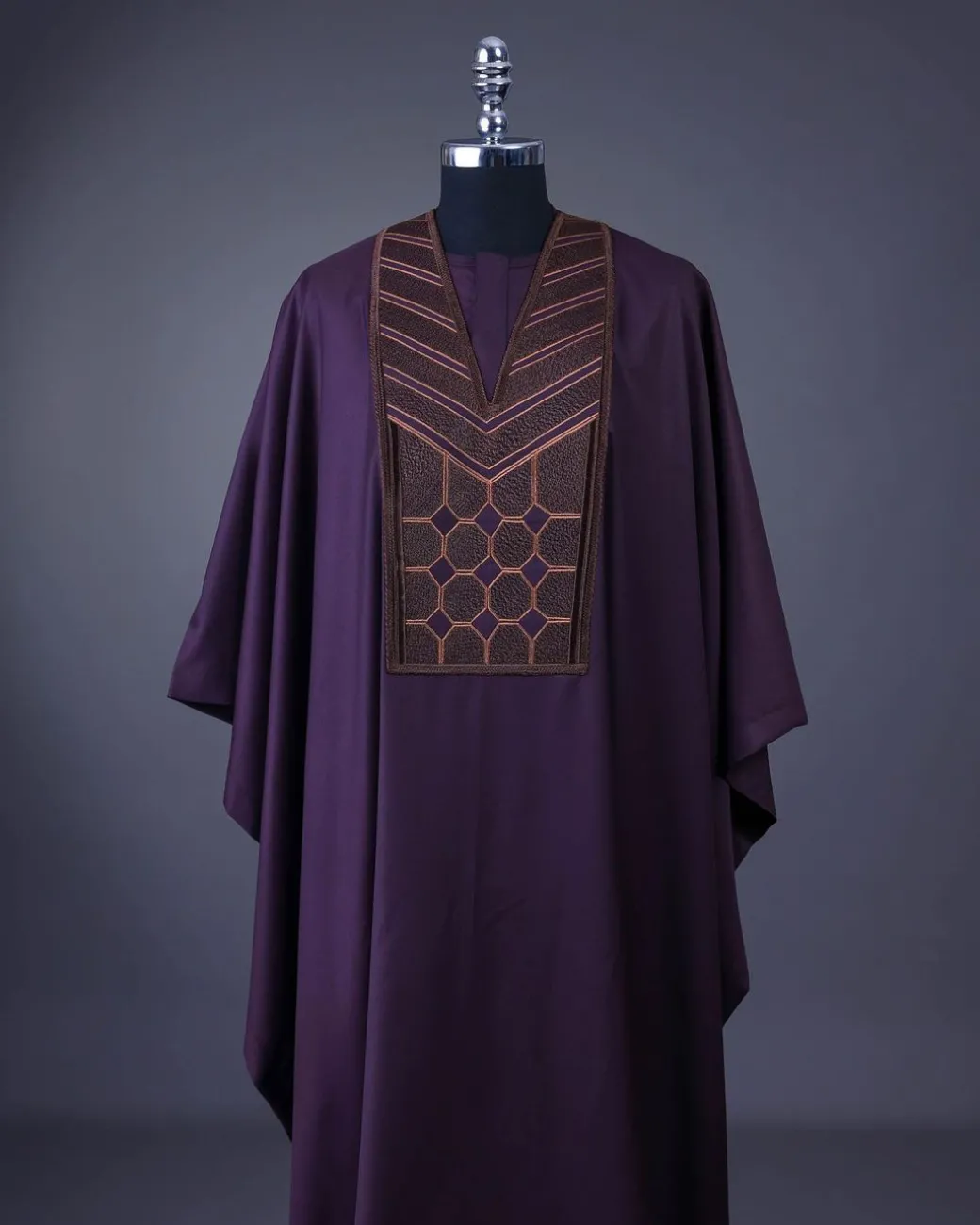 A Rasin purple, layered octagon embroidery detailing Agbada