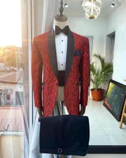 A Red patterned jacquard Shawl lapel tuxedo suit