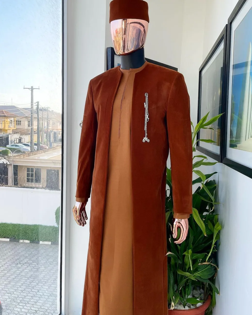 A regal cinnamon brown soaked velvet kimono jacket, tawny brown kaftan, Pant trouser & Matching hat.