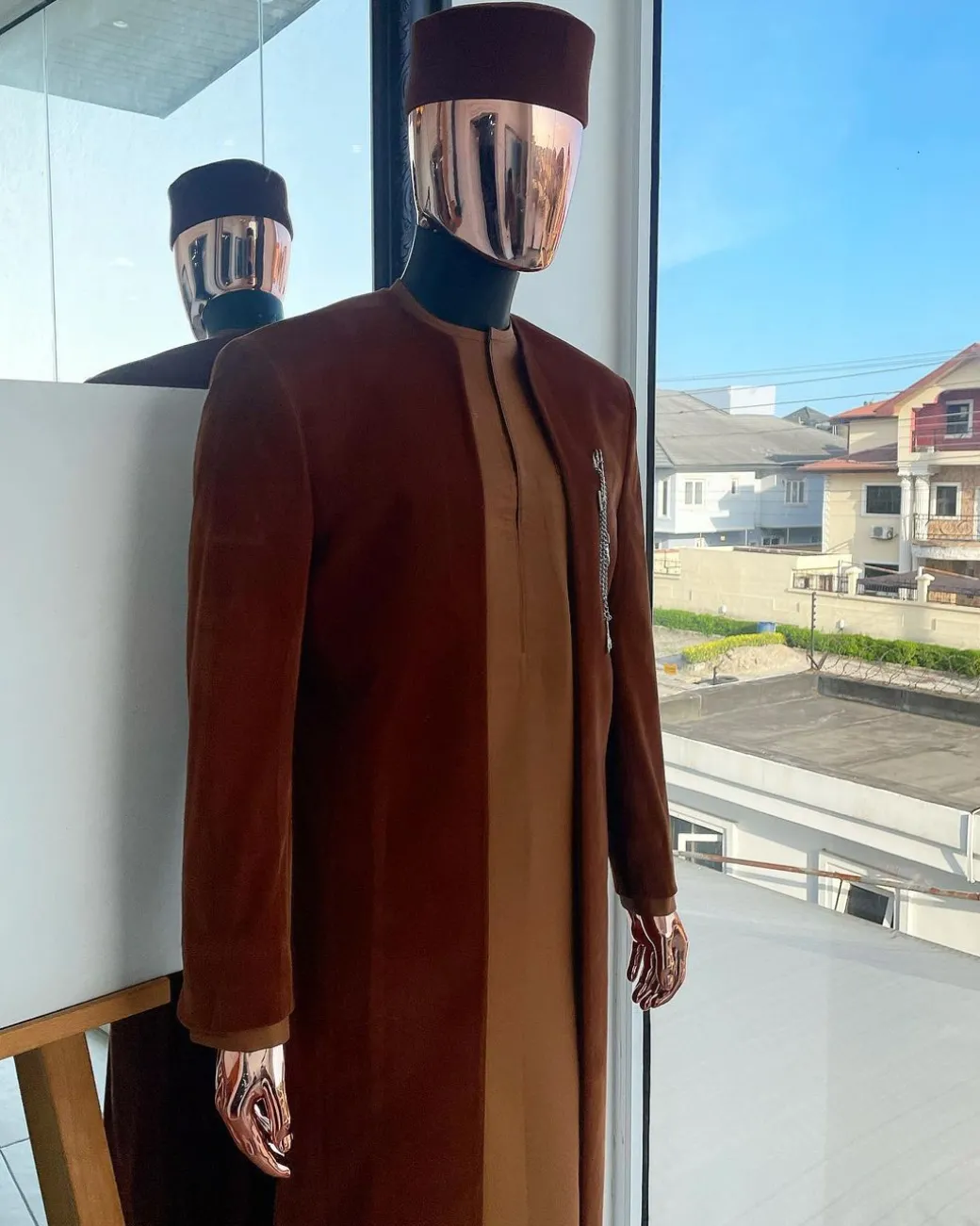 A regal cinnamon brown soaked velvet kimono jacket, tawny brown kaftan, Pant trouser & Matching hat.