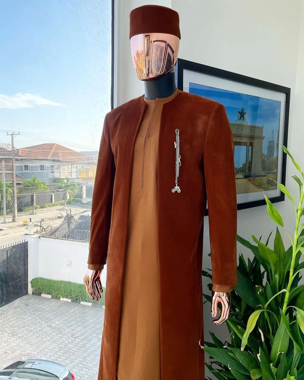 A regal cinnamon brown soaked velvet kimono jacket, tawny brown kaftan, Pant trouser & Matching hat.