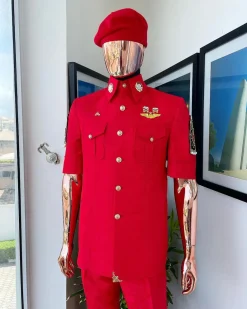 A reloaded Candy red, “veteran” vintage “Havana” French safari suit